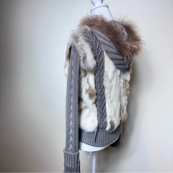 Rabbit Fur and Cable Knit Cardigan Jacket with Hood - Picture 3 of 15